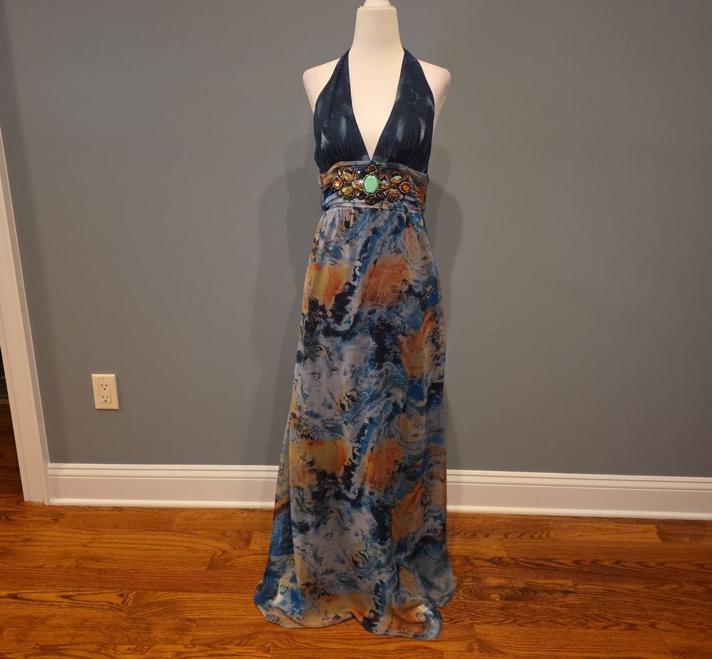Meghan LA Multi Color Halter Maxi Dress with Embellished Waist Size 0